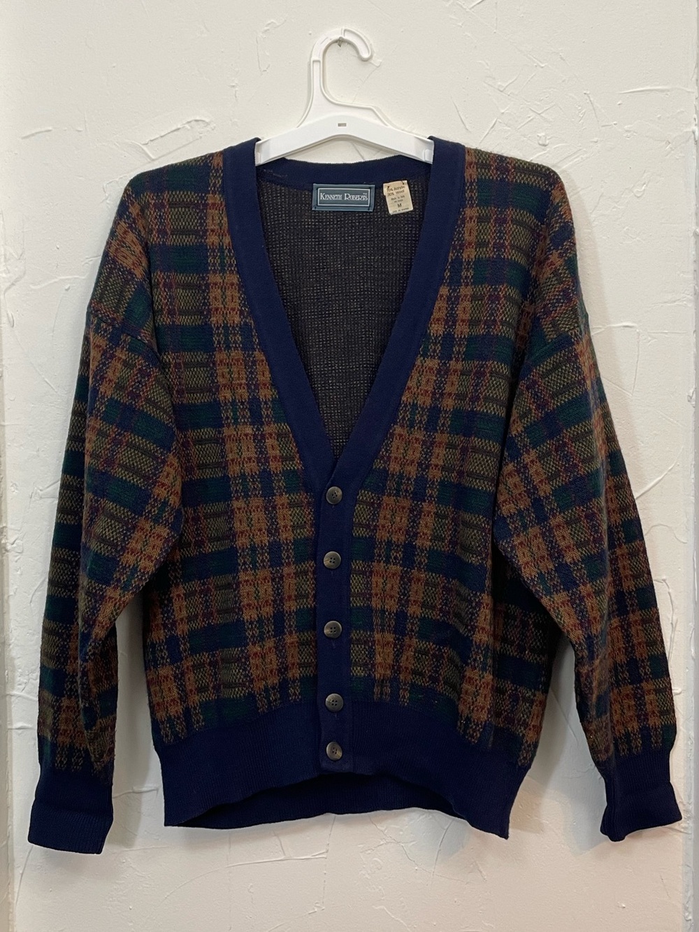 Vintage Knit Plaid V-Neck Cardigan Sweater Grandpacore Academia Size Medium